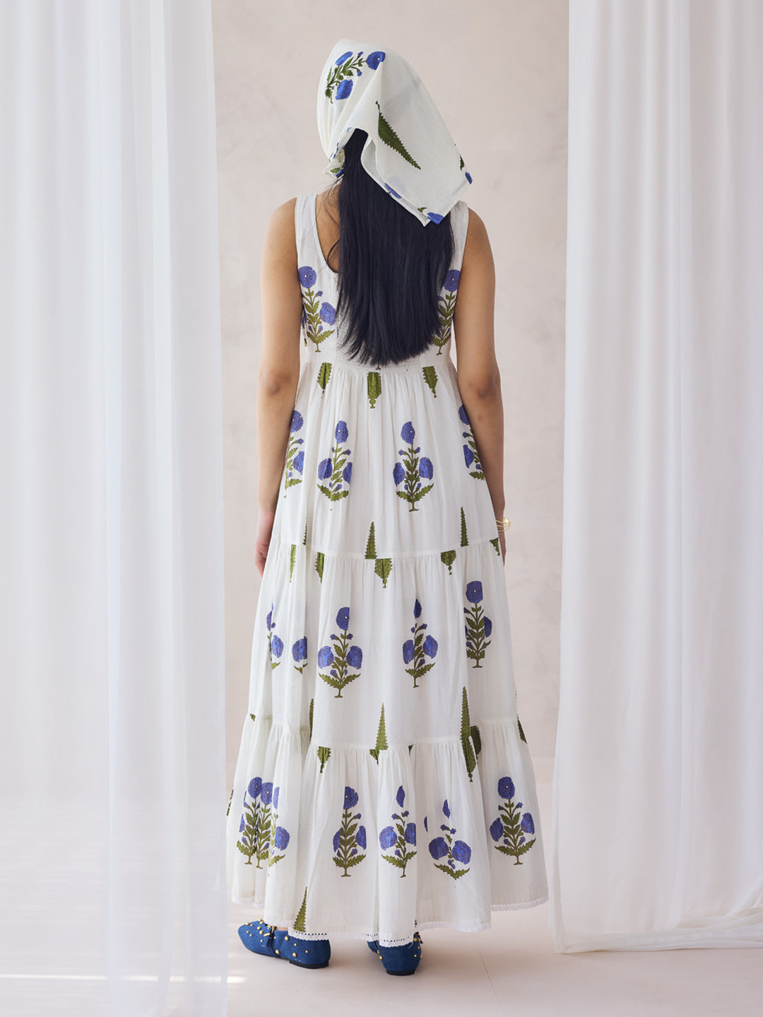 FIORRA Women's Off-White Floral Printed Cotton Maxi Dress